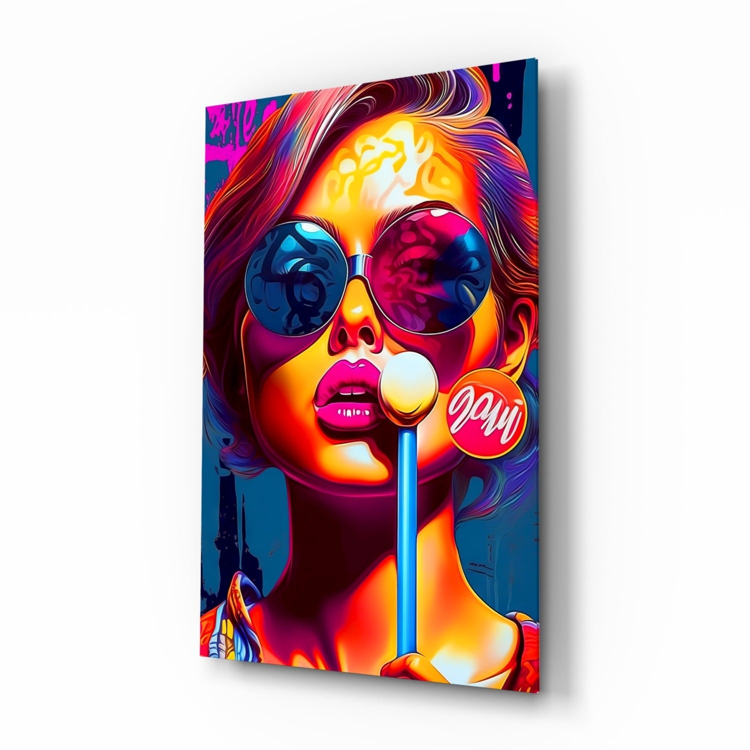 Neon Sunglasses Woman White Lollipop Glass Wall Art