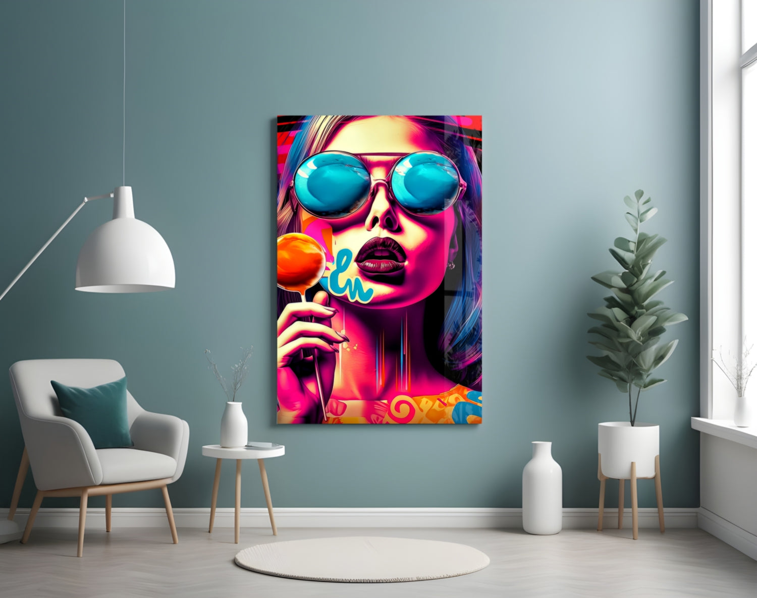 Blue Mirror Glasses Orange Lollipop Glass Wall Art