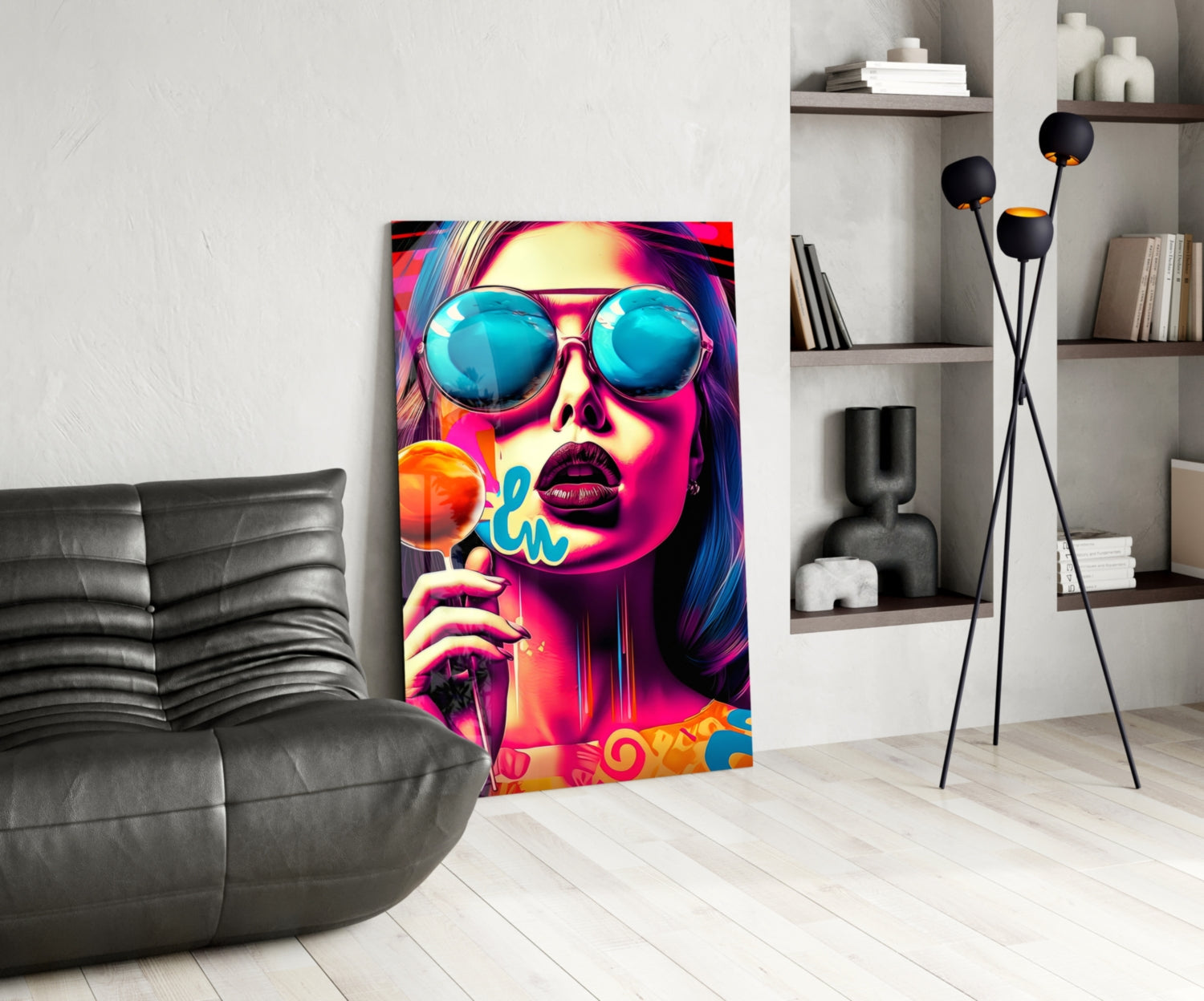 Blue Mirror Glasses Orange Lollipop Glass Wall Art