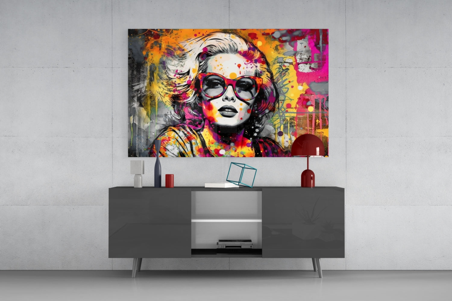 Red Round Glasses Graffiti Wall Woman Glass Wall Art
