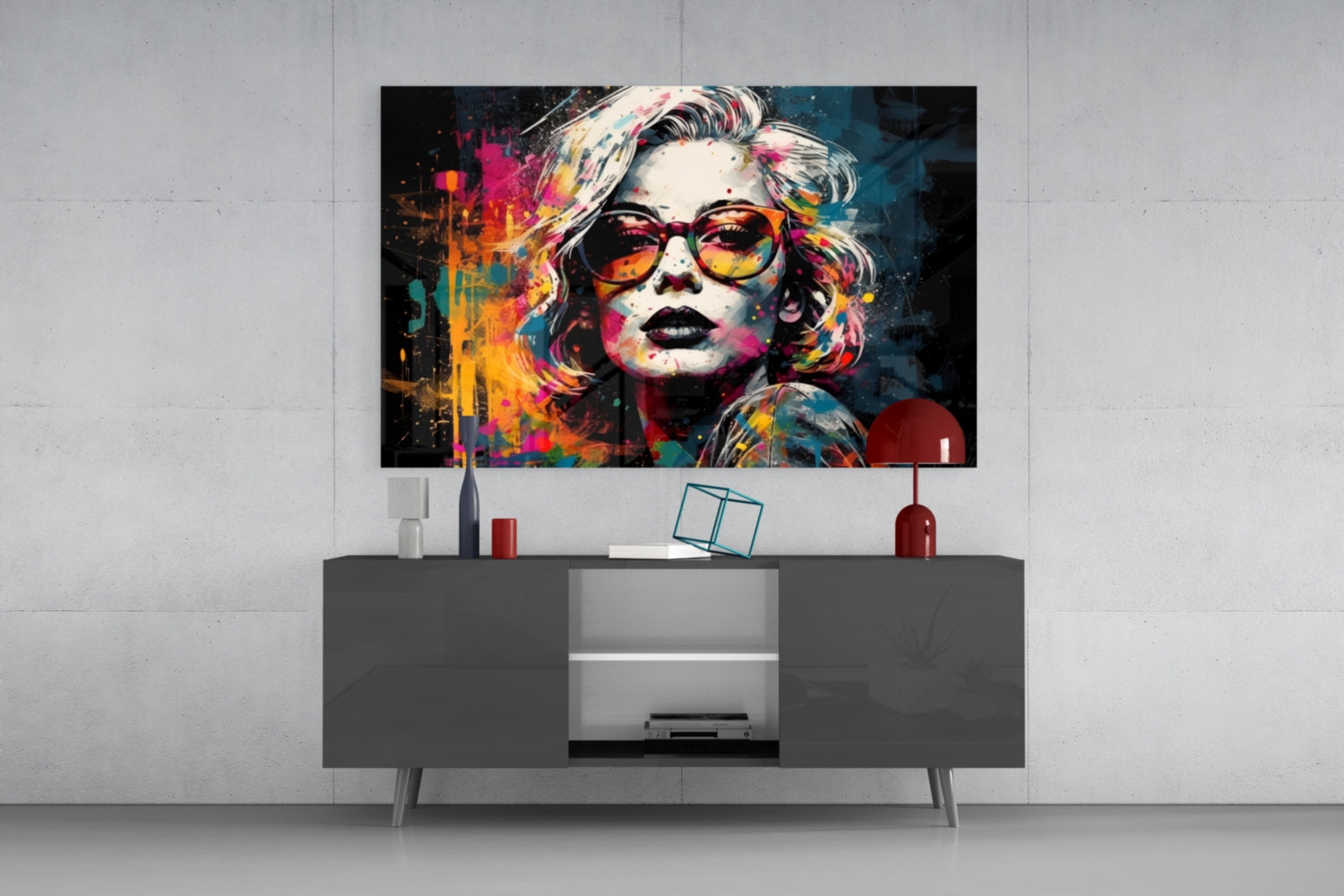 Dark Navy Backdrop Red Glasses Woman Glass Wall Art