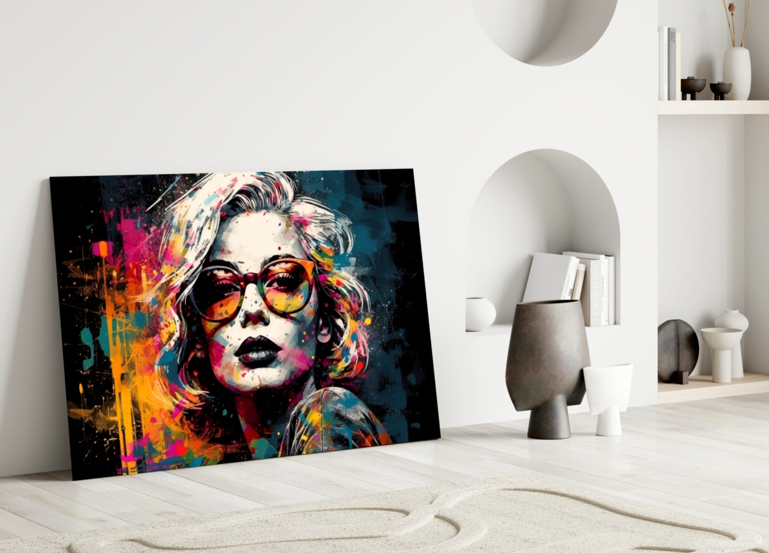 Dark Navy Backdrop Red Glasses Woman Glass Wall Art