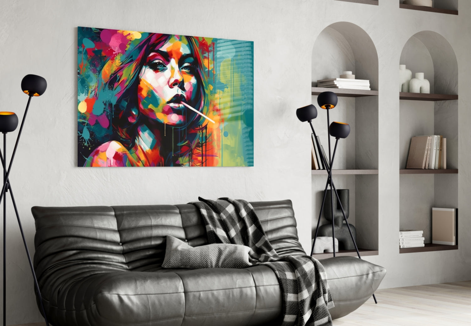 Teal Splash Painted Woman Candy Stick Glass Wall Art