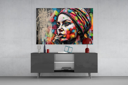 Colorful Bokeh Dots Woman Mural Glass Wall Art