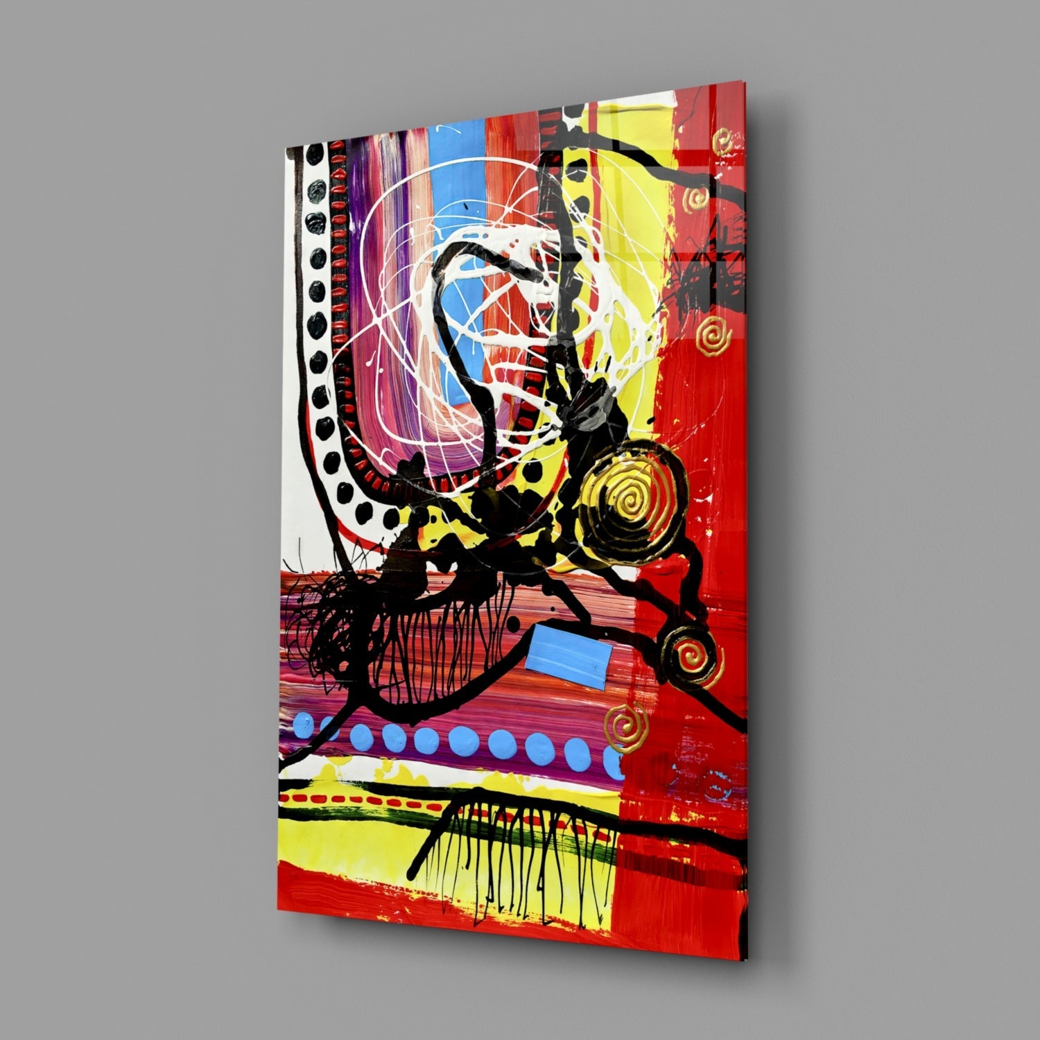 Red Field Gold Spiral Abstract Lines Glass Wall Art