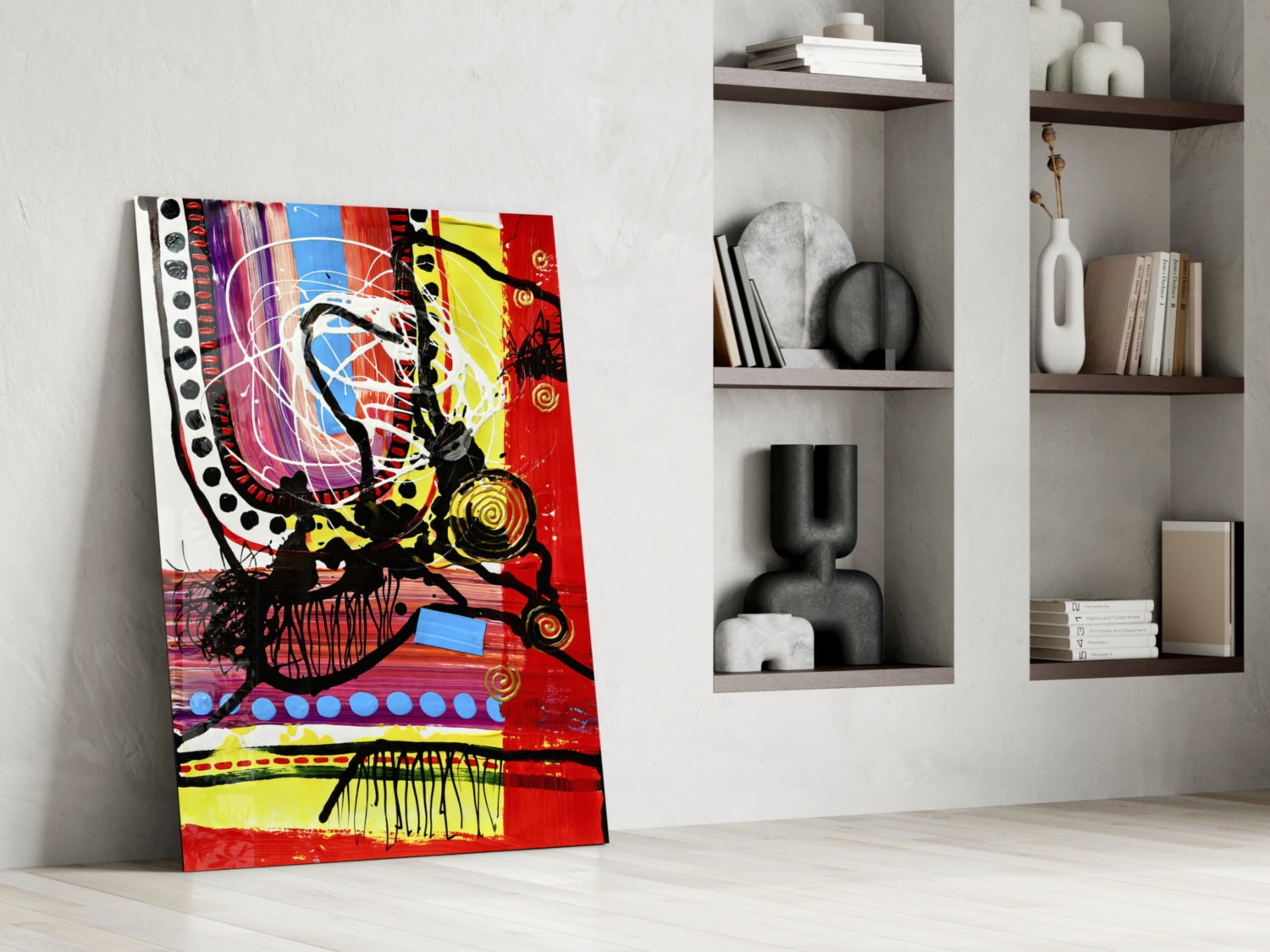 Red Field Gold Spiral Abstract Lines Glass Wall Art
