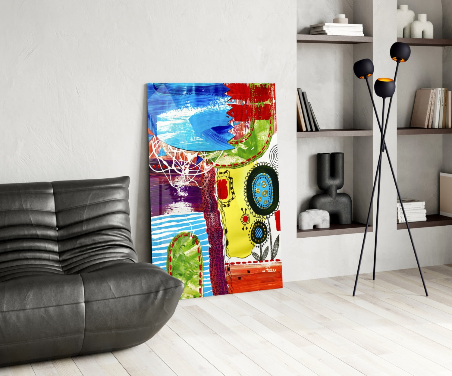 Folk Flower Doodle Abstract Lines Glass Wall Art