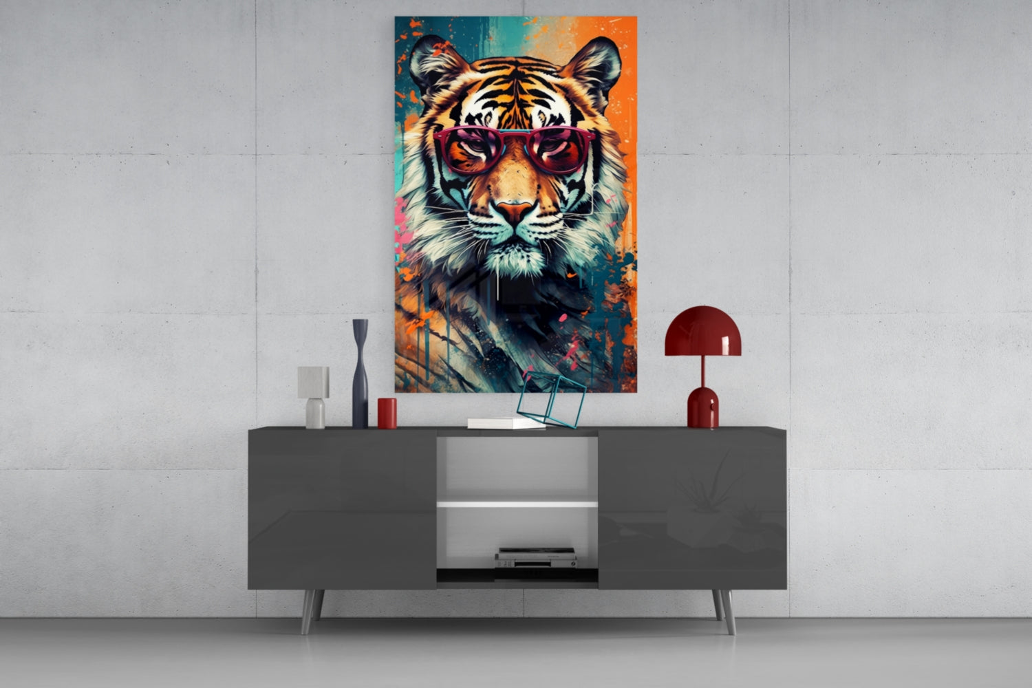 Teal And Orange Splatter Tiger Glass Wall Art