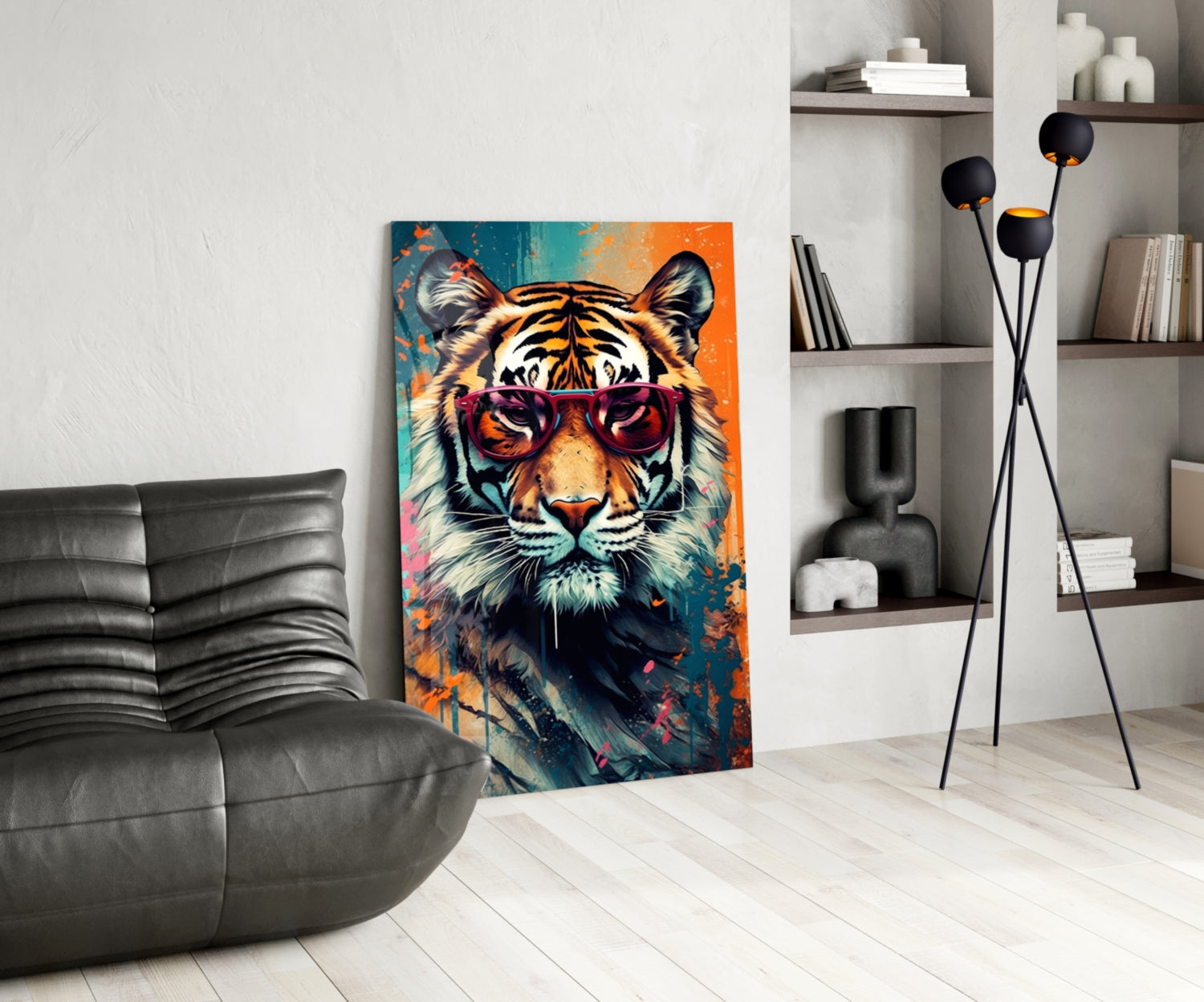 Teal And Orange Splatter Tiger Glass Wall Art