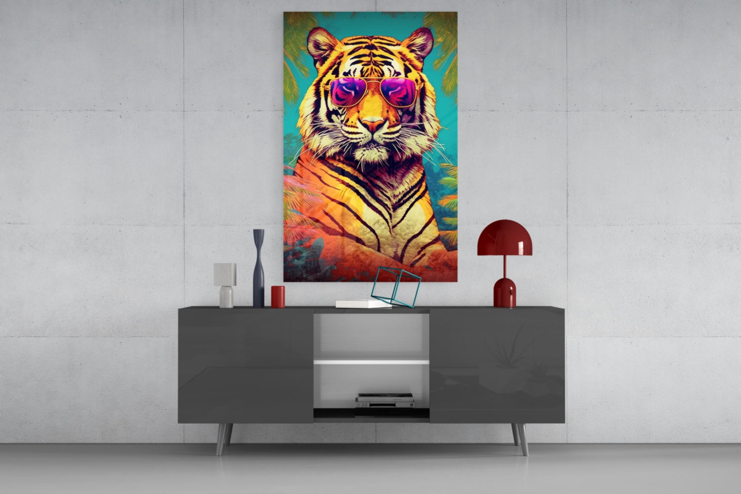 Tropical Palm Pink Shades Tiger Glass Wall Art