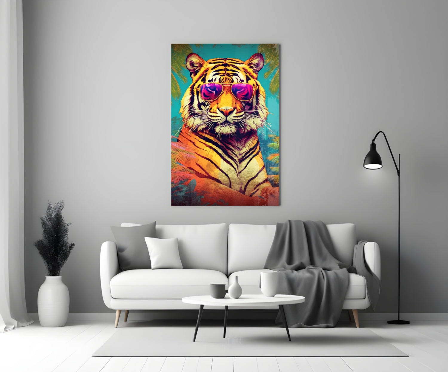 Tropical Palm Pink Shades Tiger Glass Wall Art