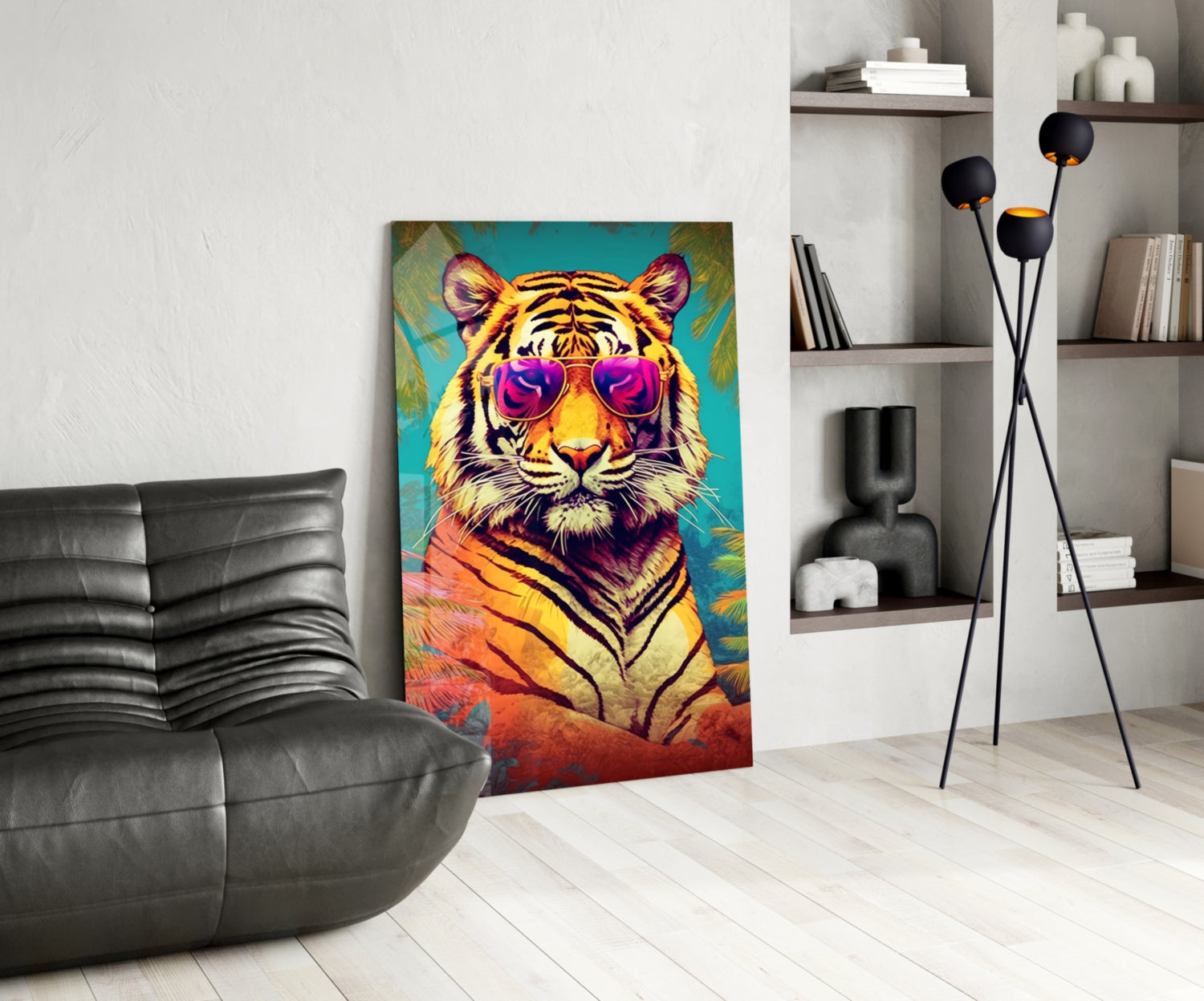 Tropical Palm Pink Shades Tiger Glass Wall Art