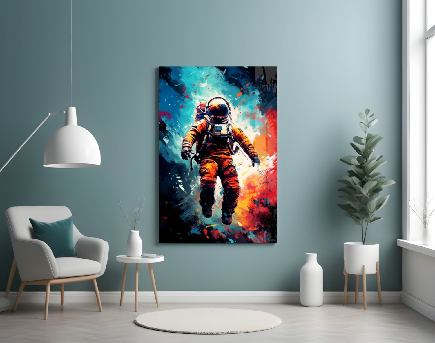 Orange Suit Painted Astronaut Glass Wall Art