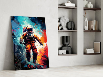 Orange Suit Painted Astronaut Glass Wall Art