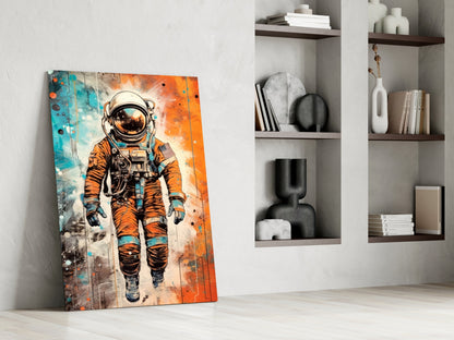 Comic Orange Astronaut Glass Wall Art