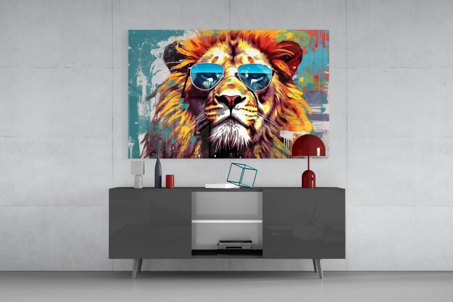 Silver Aviator Lion On Teal Glass Wall Art