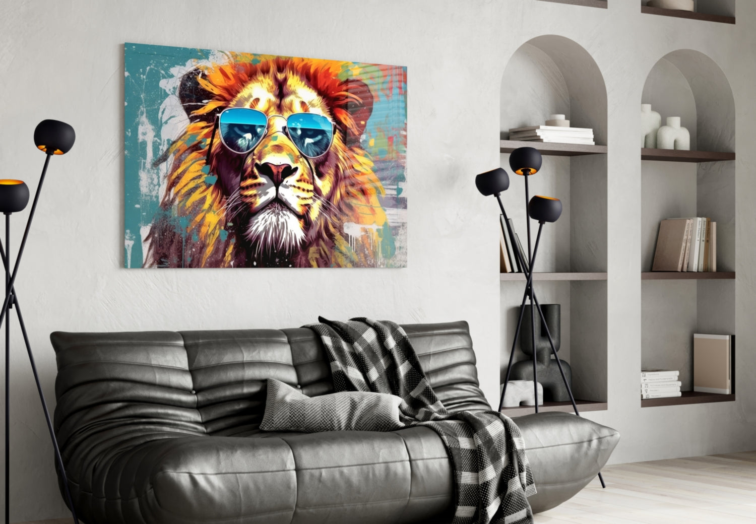 Silver Aviator Lion On Teal Glass Wall Art