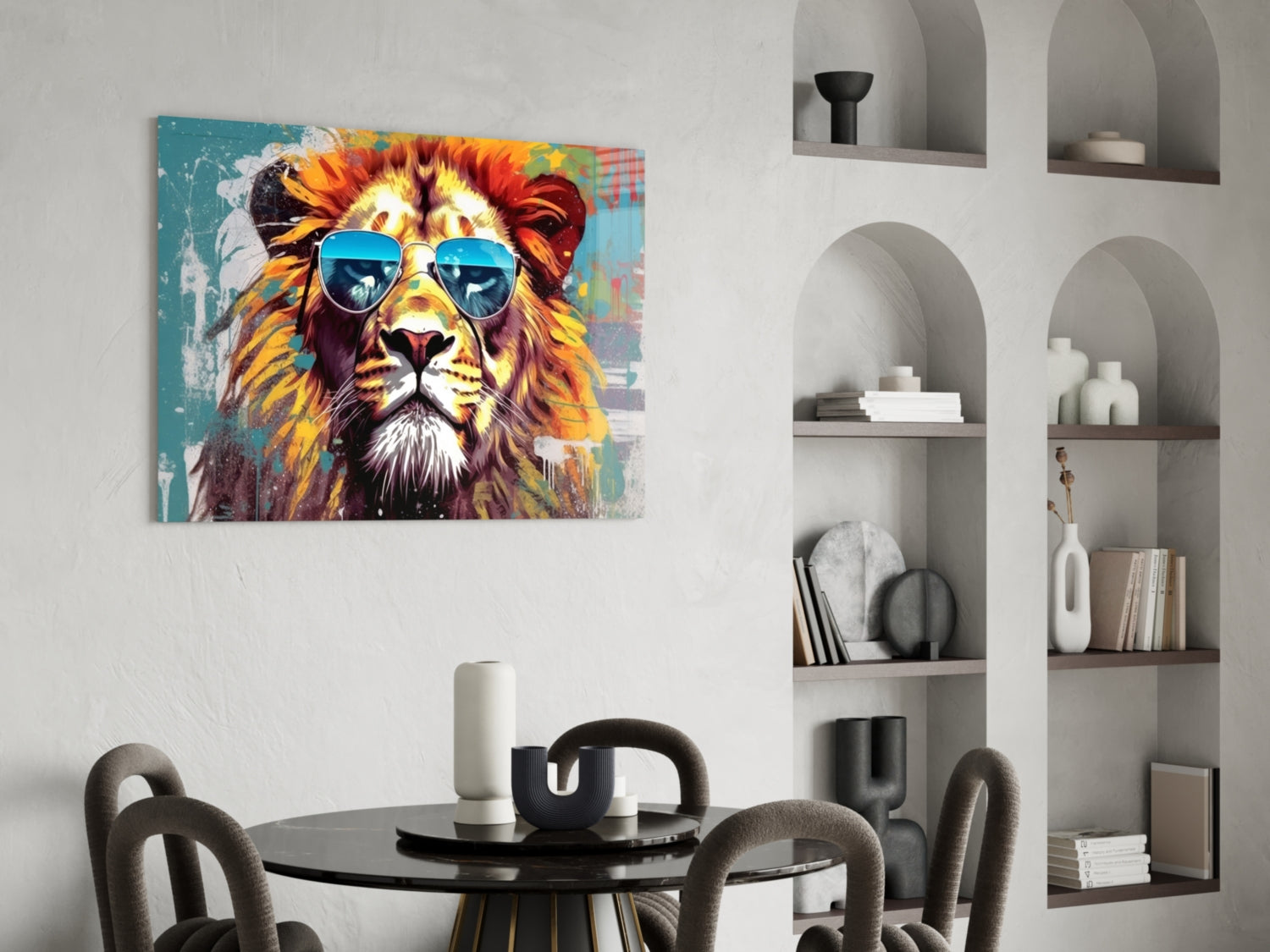 Silver Aviator Lion On Teal Glass Wall Art