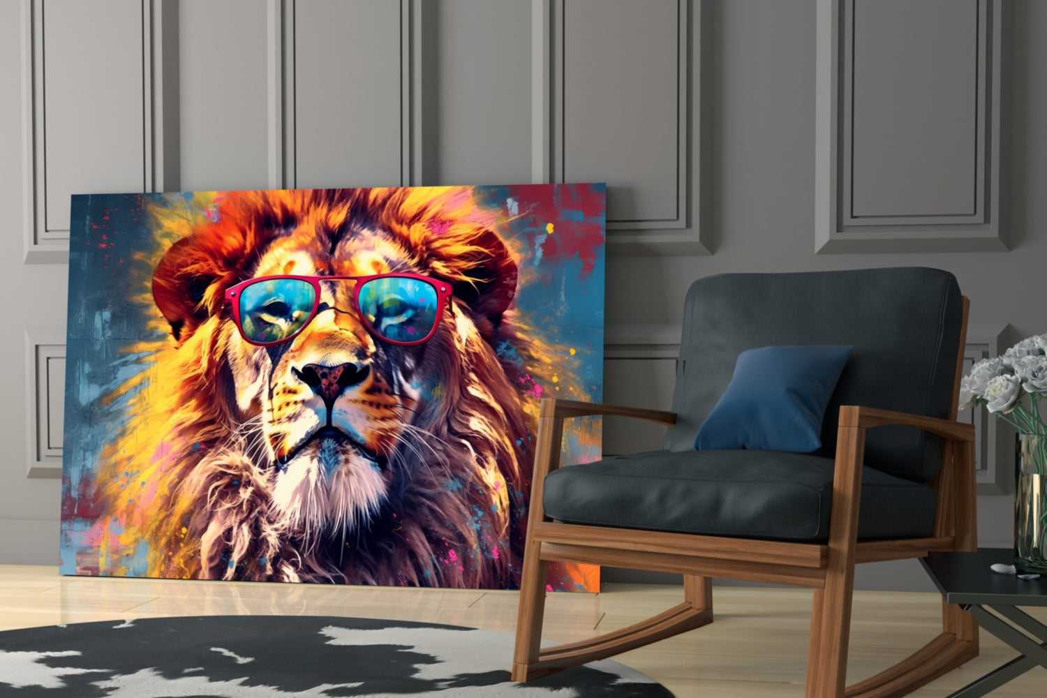 Red Frame Sunglasses Lion Glass Wall Art