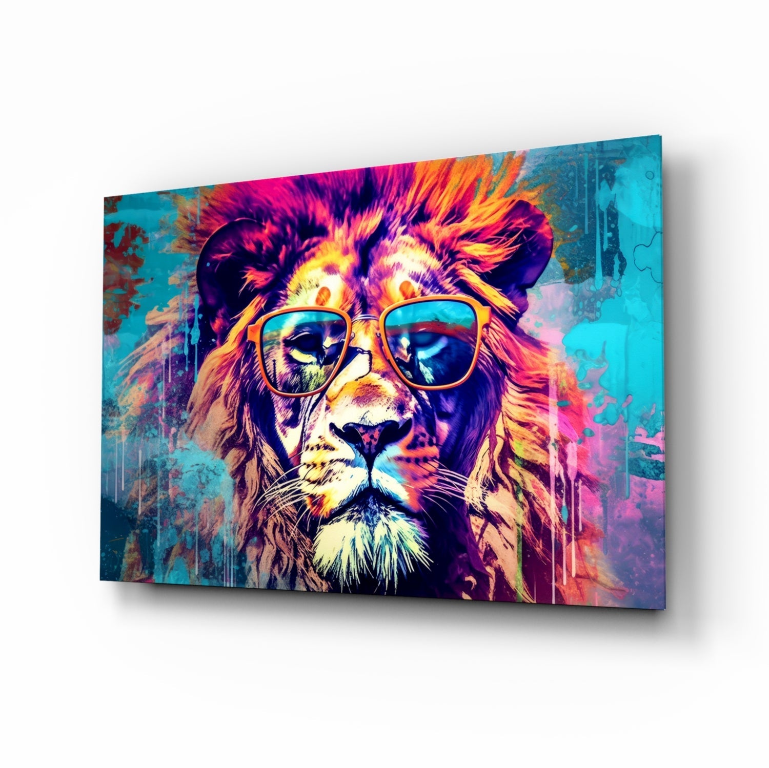 Gold Frame Turquoise Lion Glass Wall Art