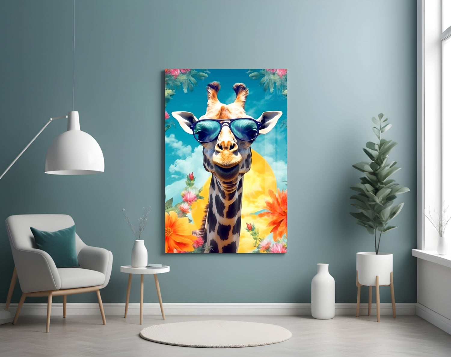 Aviator Giraffe Sky and Flowers Glass Wall Art