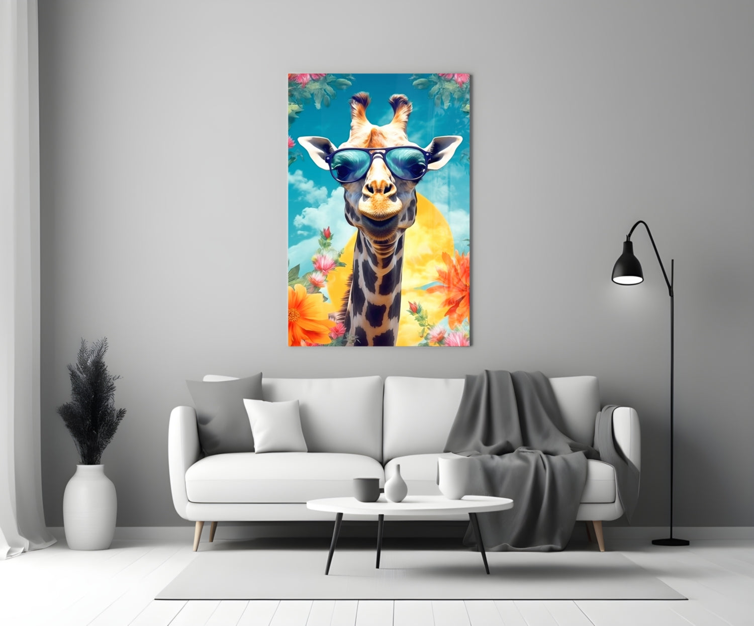 Aviator Giraffe Sky and Flowers Glass Wall Art