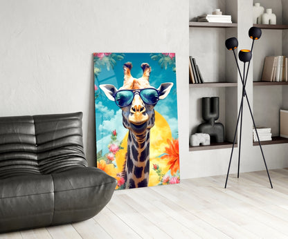 Aviator Giraffe Sky and Flowers Glass Wall Art