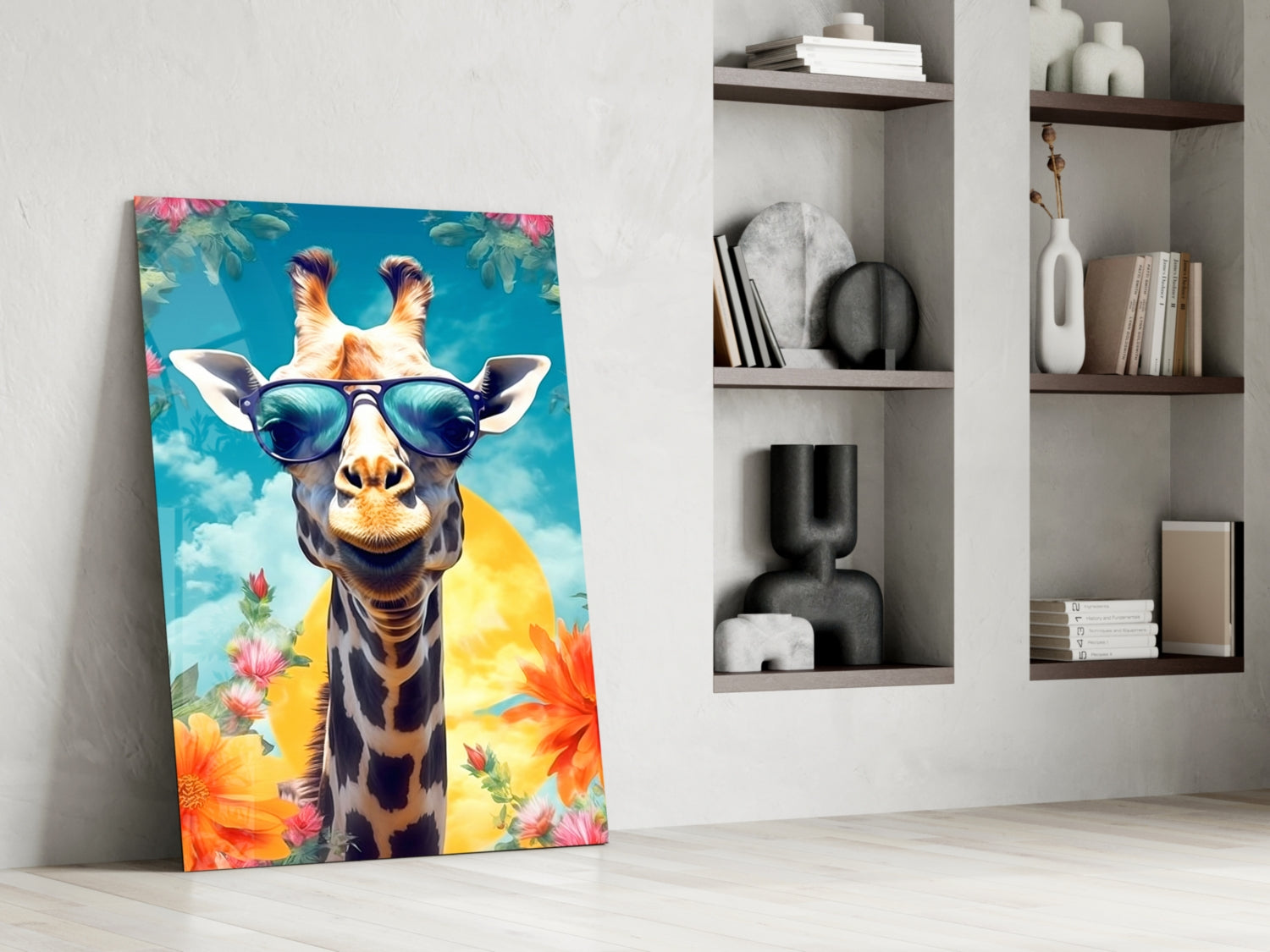 Aviator Giraffe Sky and Flowers Glass Wall Art