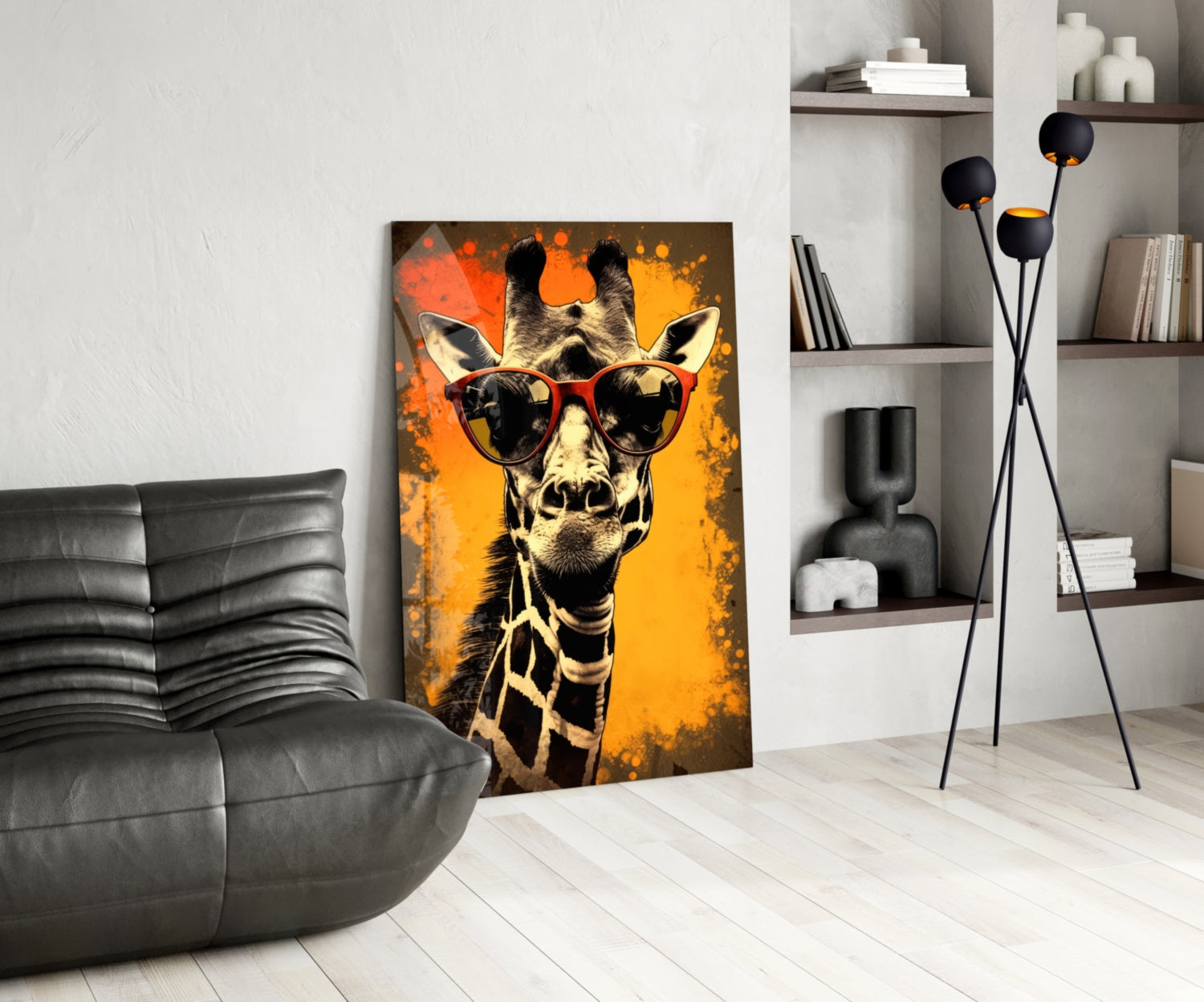 Retro Giraffe Red Shades Orange Glass Wall Art