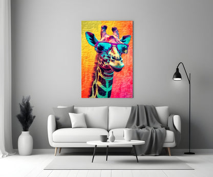 Neon Pop Giraffe Purple Shades Glass Wall Art