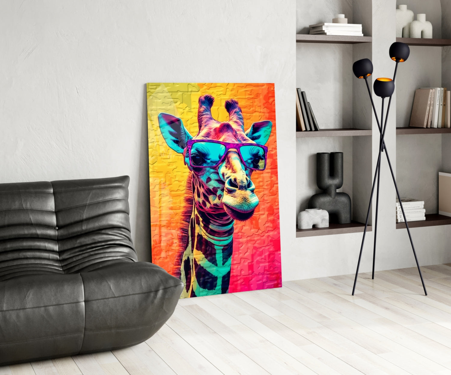 Neon Pop Giraffe Purple Shades Glass Wall Art