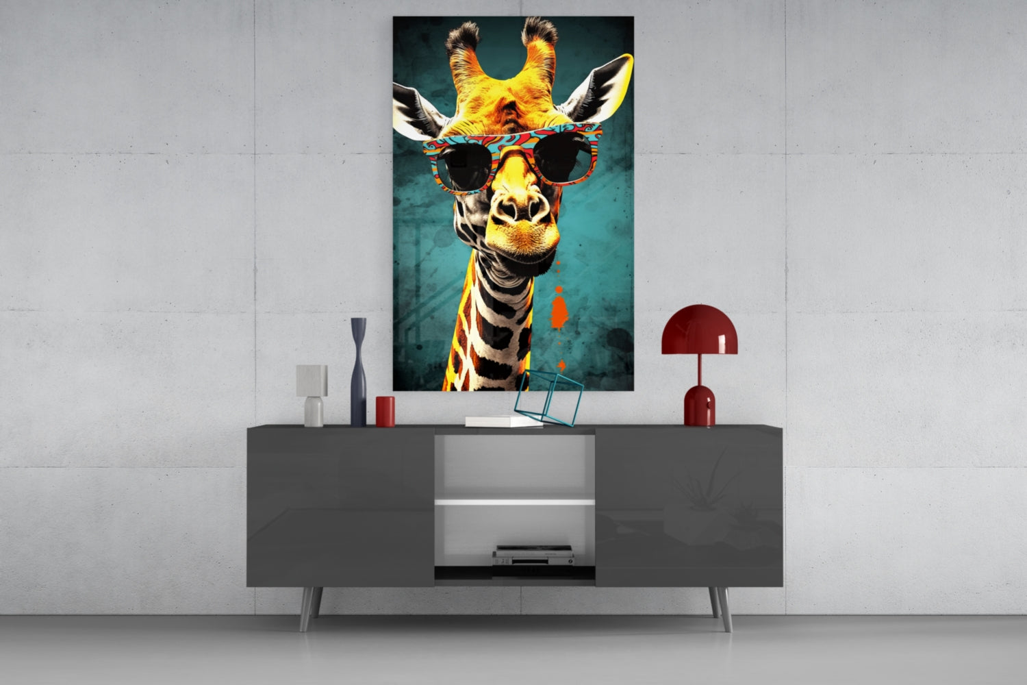 Paisley Shades Giraffe Dark Teal Glass Wall Art