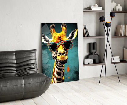Paisley Shades Giraffe Dark Teal Glass Wall Art