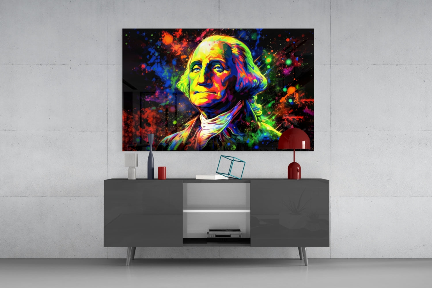 Neon Splatter George Washington Glass Wall Art