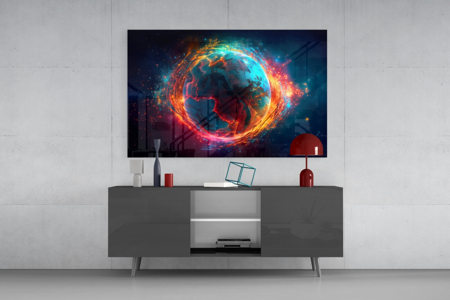 Fiery Orbit Blue Earth Globe Glass Wall Art