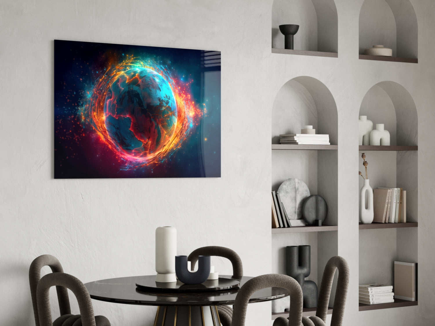 Fiery Orbit Blue Earth Globe Glass Wall Art