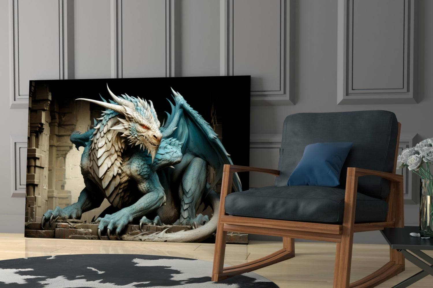 Icy Blue Scaled Dragon Glass Wall Art