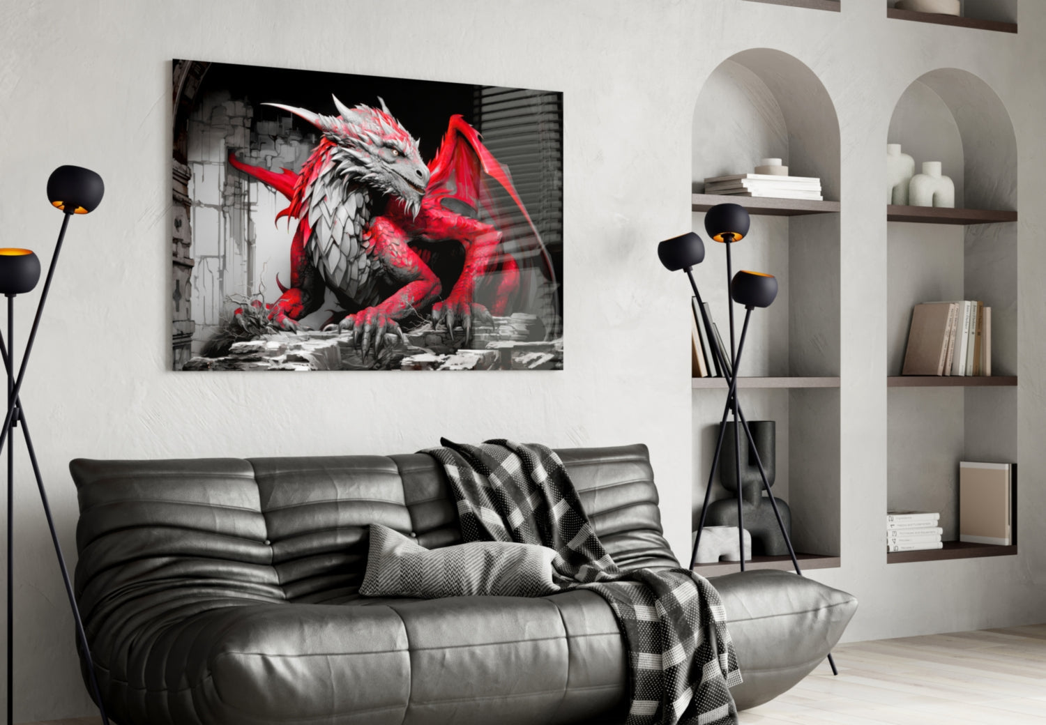 Crimson Red Winged Dragon Glass Wall Art