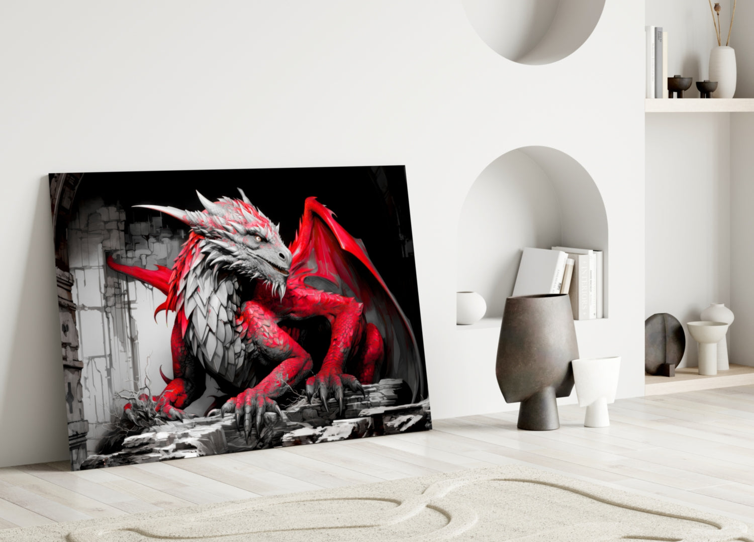 Crimson Red Winged Dragon Glass Wall Art