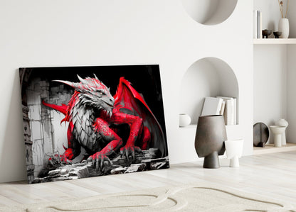 Crimson Red Winged Dragon Glass Wall Art