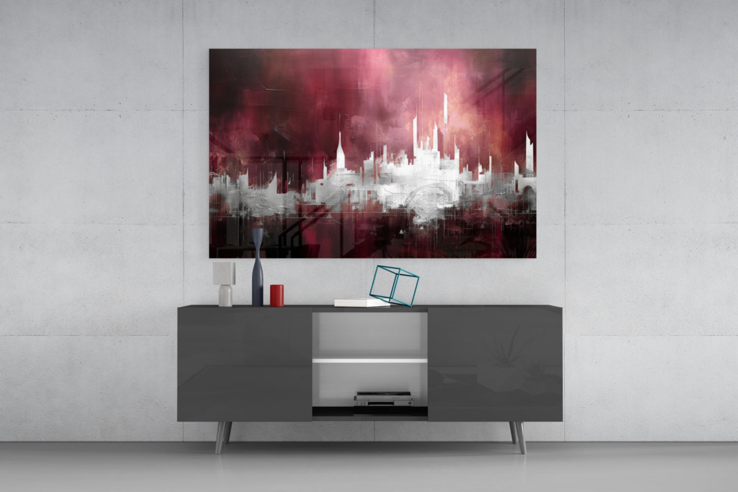 Crimson Mist Abstract Skyline Glass Wall Art