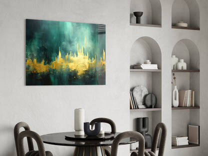 Golden Skyline Teal Mist Glass Wall Art