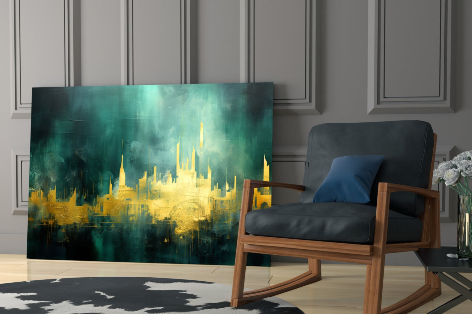 Golden Skyline Teal Mist Glass Wall Art