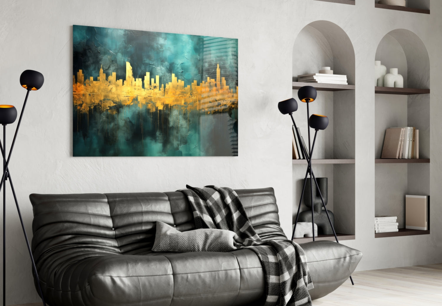 Gold Reflected Skyline Teal Glass Wall Art