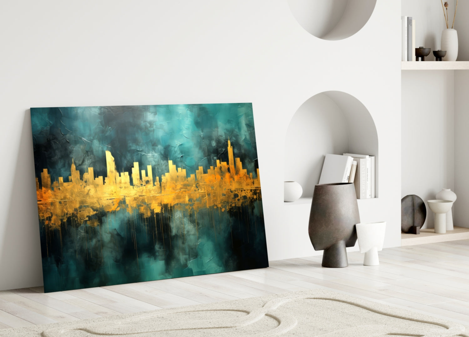 Gold Reflected Skyline Teal Glass Wall Art