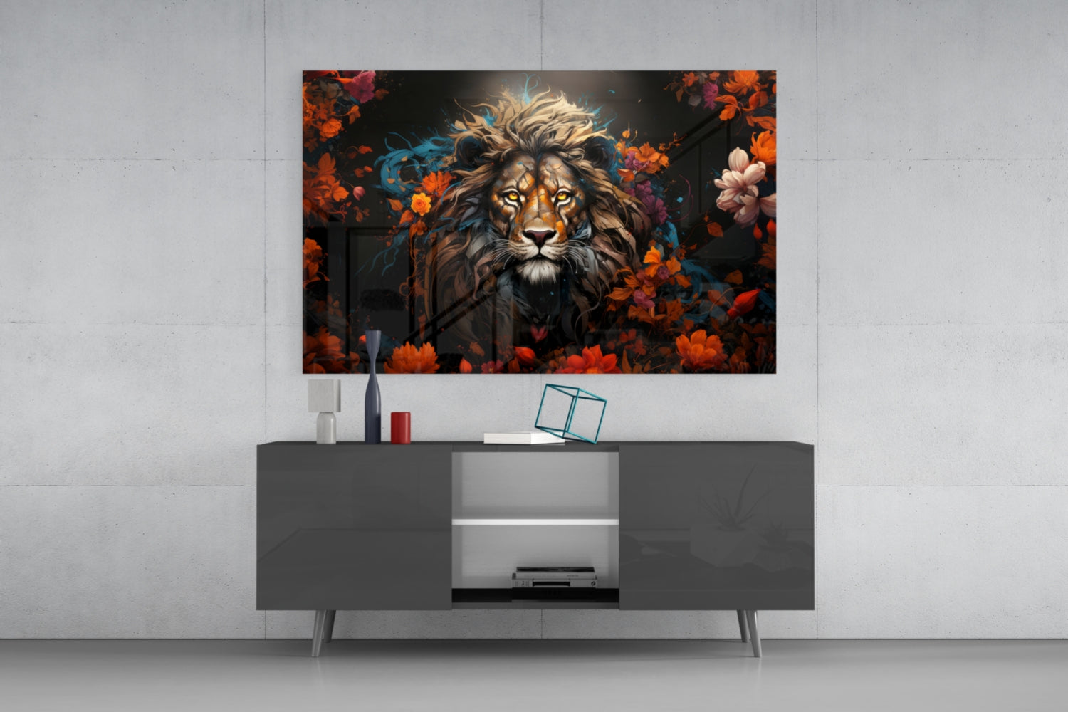 Orange Blossom Lion Portrait Glass Wall Art