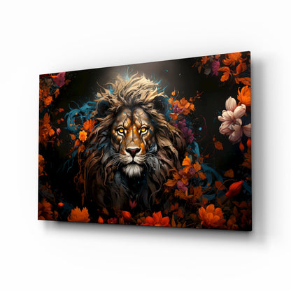 Orange Blossom Lion Portrait Glass Wall Art