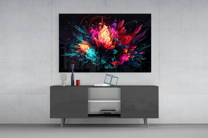 Neon Bloom Color Explosion On Black Glass Wall Art