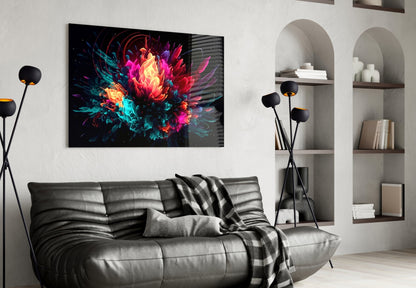 Neon Bloom Color Explosion On Black Glass Wall Art