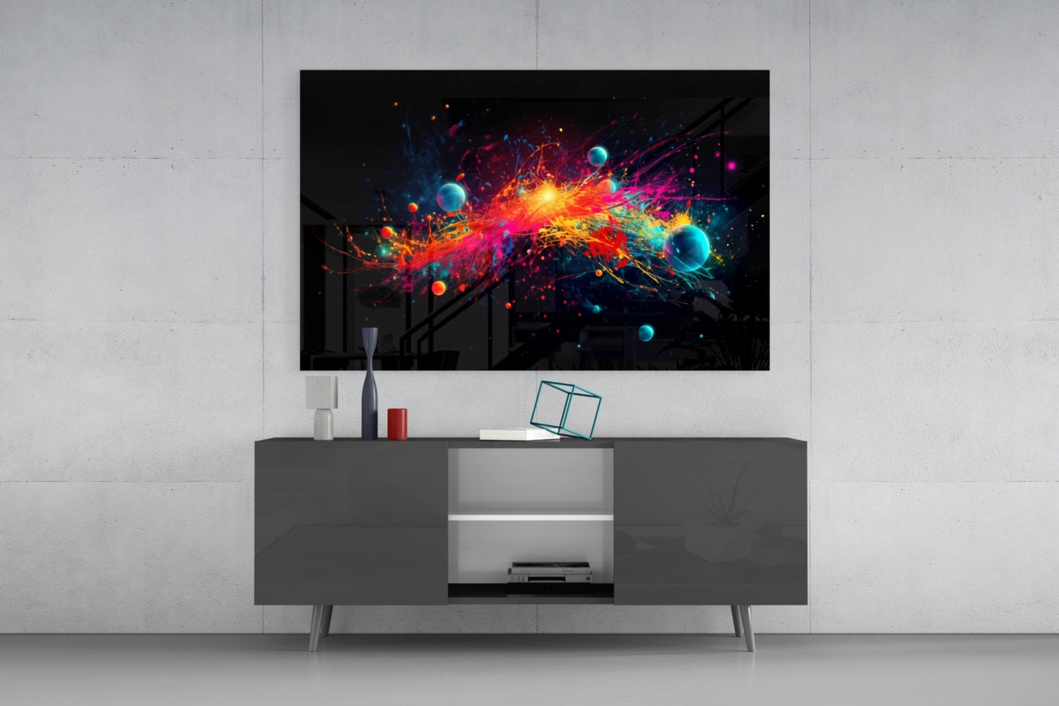Neon Paint Burst With Planets Glass Wall Art